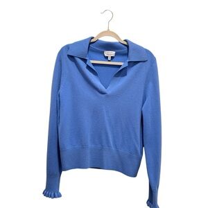 &Other Stories Wool Ruffle Collar V-neck Sweater Preppy Boho Casual Blue Sz M